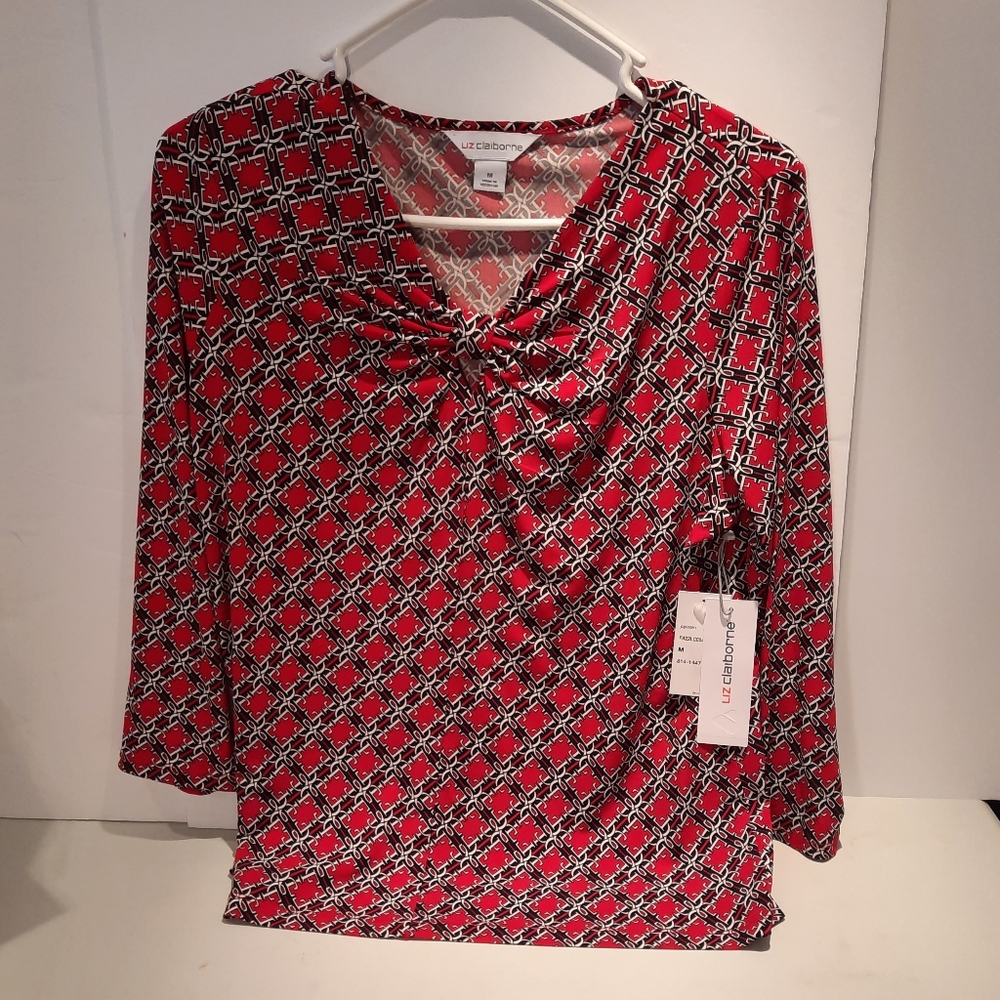 Liz Claiborne Red and Black Patterned 3/4 Sleeve Blouse Size M